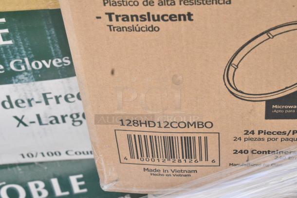 22 BRAND NEW SCRATCH AND DENT! Items Including 485UJ7PLABK EcoChoice 7 3/4" Black Jumbo Compostable Unwrapped PLA Straw - 9600/Case, 127CH12F: CONTAINER HINGED DELI, CHOICE CLEAR 12OZ DOME LID, 128HD12COMBO Choice Heavy Duty 12 oz. Microwavable Translucent Plastic Deli Container and Lid Combo Pack - 240/Case, 394365XL Noble Products Powder-Free Disposable Vinyl Gloves for Foodservice - 1000/Case, 127CH12F CONTAINER HINGED DELI, CHOICE CLEAR 12OZ DOME LID, 760SOUP8KPA Choice 8 oz. Kraft Poly-Coated Paper Food Cup with Vented Paper Lid - 250/Case, 500TW10 Choice 10 oz. Translucent Thin Wall Plastic Cold Cup - 2500/Case, 129MCR32B Choice 32 oz. Black Round Microwavable Heavy Weight Container with Lid 7 1/4" - 150/Case, Dart 12J12 12 oz. White Customizable Foam Cup, 347TCL9 Choice 9 oz. Clear Disposable Plastic Tumbler - 500/Case. 22 Times Your Bid! - Image 7 of 17