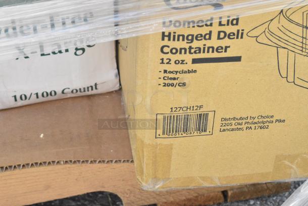 22 BRAND NEW SCRATCH AND DENT! Items Including 485UJ7PLABK EcoChoice 7 3/4" Black Jumbo Compostable Unwrapped PLA Straw - 9600/Case, 127CH12F: CONTAINER HINGED DELI, CHOICE CLEAR 12OZ DOME LID, 128HD12COMBO Choice Heavy Duty 12 oz. Microwavable Translucent Plastic Deli Container and Lid Combo Pack - 240/Case, 394365XL Noble Products Powder-Free Disposable Vinyl Gloves for Foodservice - 1000/Case, 127CH12F CONTAINER HINGED DELI, CHOICE CLEAR 12OZ DOME LID, 760SOUP8KPA Choice 8 oz. Kraft Poly-Coated Paper Food Cup with Vented Paper Lid - 250/Case, 500TW10 Choice 10 oz. Translucent Thin Wall Plastic Cold Cup - 2500/Case, 129MCR32B Choice 32 oz. Black Round Microwavable Heavy Weight Container with Lid 7 1/4" - 150/Case, Dart 12J12 12 oz. White Customizable Foam Cup, 347TCL9 Choice 9 oz. Clear Disposable Plastic Tumbler - 500/Case. 22 Times Your Bid! - Image 9 of 17