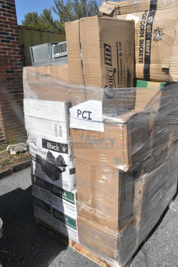 35 BRAND NEW SCRATCH AND DENT! Items Including 795PTOBK1 Choice Black Microwavable Folded Paper #1 Take-Out Container 4 3/8" x 3 1/2" x 2 1/2" - 450/Case, 5002DNAP Choice 15" x 17" Burgundy 2-Ply Customizable Paper Dinner Napkin - 1000/Case, 394365L Noble Products Powder-Free Disposable Clear Vinyl Gloves for Foodservice - Large - 1000/Case, 500TW7 Choice 7 oz. Translucent Thin Wall Plastic Cold Cup - 2500/Case, 130BKFKSNSPX500 Choice Black Extra Heavy Weight Wrapped Polystyrene Plastic Cutlery Pack with Napkin and Salt and Pepper Packets - 500/Case, 4 Box Affex BN1000A Beverage Napkin, 760VP4KR Carnival King Kraft 24 oz. Popcorn Cup. 35 Times Your Bid! - Image 3 of 17