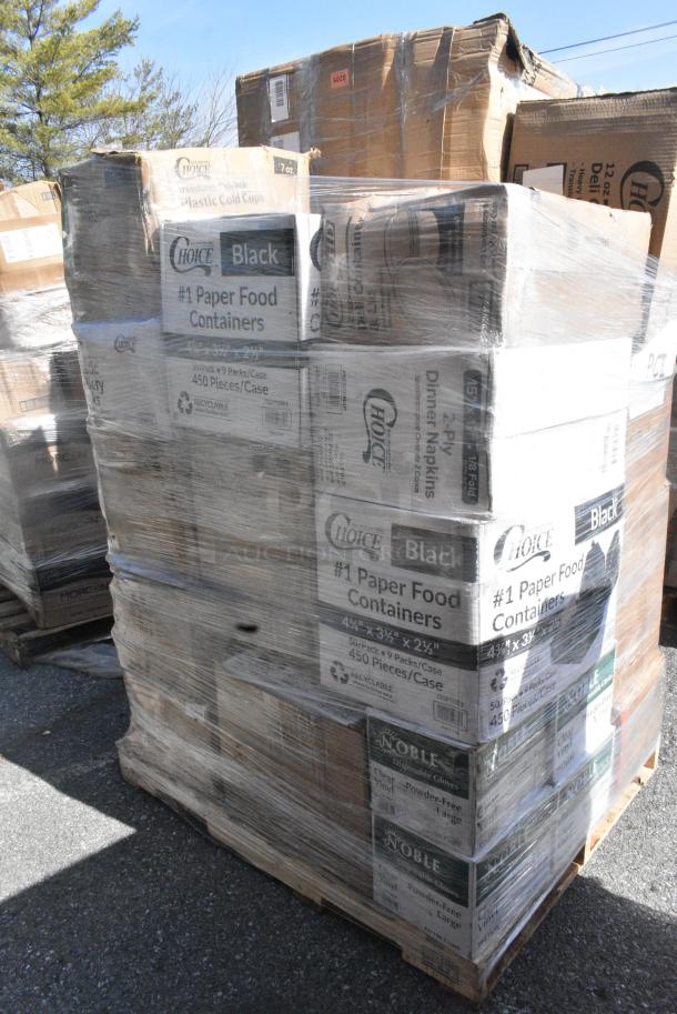 35 BRAND NEW SCRATCH AND DENT! Items Including 795PTOBK1 Choice Black Microwavable Folded Paper #1 Take-Out Container 4 3/8" x 3 1/2" x 2 1/2" - 450/Case, 5002DNAP Choice 15" x 17" Burgundy 2-Ply Customizable Paper Dinner Napkin - 1000/Case, 394365L Noble Products Powder-Free Disposable Clear Vinyl Gloves for Foodservice - Large - 1000/Case, 500TW7 Choice 7 oz. Translucent Thin Wall Plastic Cold Cup - 2500/Case, 130BKFKSNSPX500 Choice Black Extra Heavy Weight Wrapped Polystyrene Plastic Cutlery Pack with Napkin and Salt and Pepper Packets - 500/Case, 4 Box Affex BN1000A Beverage Napkin, 760VP4KR Carnival King Kraft 24 oz. Popcorn Cup. 35 Times Your Bid! - Image 4 of 17
