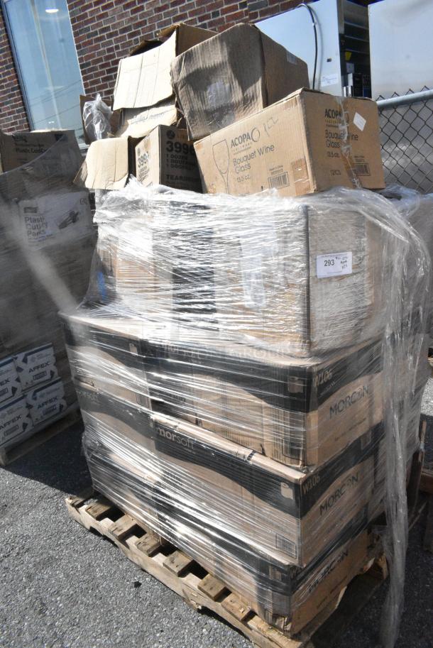 25 BRAND NEW SCRATCH AND DENT! Items Including Libbey 7504 Vina Customizable 18.5 oz. Tall Wine Glass - 12/Case, W106 , Morcon Morsoft 10" 1-Ply White Hardwound Paper Towel Roll, 800 Feet / Roll - 6/Case, 612POB2LB Choice Oblong Clear Plastic Dome Lid for 2.25 lb. & 1.5 lb Shallow Foil Take-Out Container - 500/Case, 5535513 Acopa Bouquet 13.5 oz. Wine Glass - 12/Case, Libbey 3996 Glasses, 164TS1000 Lancaster Table & Seating 10" Cast Iron Table Base Spider. 25 Times Your Bid! - Image 2 of 11