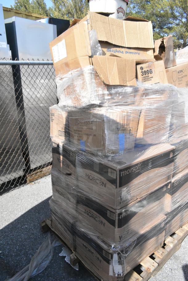 25 BRAND NEW SCRATCH AND DENT! Items Including Libbey 7504 Vina Customizable 18.5 oz. Tall Wine Glass - 12/Case, W106 , Morcon Morsoft 10" 1-Ply White Hardwound Paper Towel Roll, 800 Feet / Roll - 6/Case, 612POB2LB Choice Oblong Clear Plastic Dome Lid for 2.25 lb. & 1.5 lb Shallow Foil Take-Out Container - 500/Case, 5535513 Acopa Bouquet 13.5 oz. Wine Glass - 12/Case, Libbey 3996 Glasses, 164TS1000 Lancaster Table & Seating 10" Cast Iron Table Base Spider. 25 Times Your Bid! - Image 3 of 11