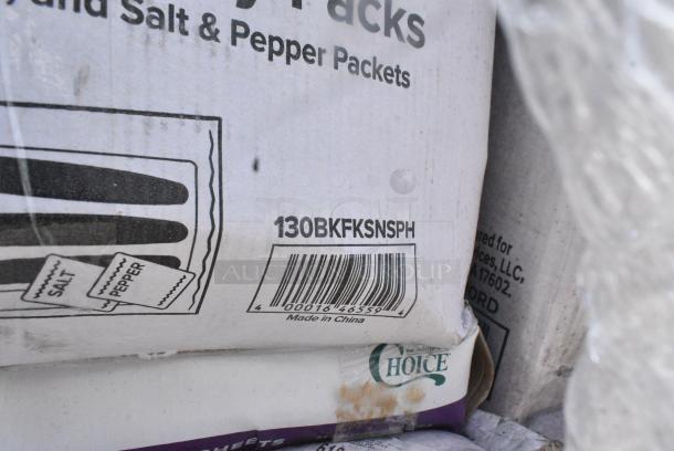 35 BRAND NEW SCRATCH AND DENT! Items Including 130BKFKSNSPH Choice Black Heavy Weight Wrapped Polystyrene Plastic Cutlery Pack with Napkin and Salt and Pepper Packets - 500/Case, Sabert 54160B50 Bowl2 Clear Dome Lid for 80 oz. and 160 oz. Square Bowls - 50/Case, 795PTOWHT8 Choice White Microwavable Folded Paper #8 Take-Out Container 6" x 4 3/4" x 2 1/2" - 300/Case, 129MCR24B T-Out 24oz Micro RND BLK Combo 150, 500L1020 Choice White Hot Paper Cup Travel Lid for 10-24 oz. Standard Cups and 8 oz. Squat Cups - 1000/Case, 127CH08 Choice 8 oz. Clear RPET Hinged Deli Container with Lid- 200/Case. 35 Times Your Bid! - Image 5 of 15