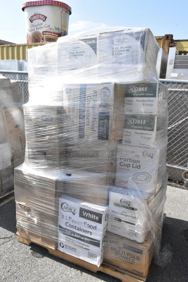 34 BRAND NEW SCRATCH AND DENT! Items Including 5008W Choice 8 oz. Tall White Poly Paper Hot Cup - 1000/Case, 346WKFSNSPM CUTLRY PK KFS/N/S&P WH250 WHITE - POLY PACK MEDWT, 127PL2 Choice PET Plastic Lid for 1.5 to 2.5 oz. Souffle Cup / Portion Cup - 2500/Case, 130WBKFORKH Choice Black Heavy Weight Wrapped Polystyrene Plastic Fork - 1000/Case, 500MFTN Lavex Natural Brown Kraft M-Fold (Multifold) Towel - 4000/Case, 5003DNAP NAPKIN 15x17 3PLY WH   2M. 34 Times Your Bid! - Image 1 of 16