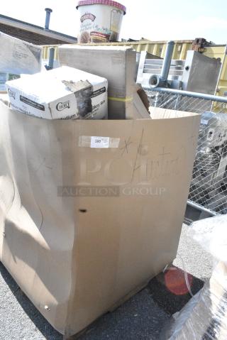 25 BRAND NEW SCRATCH AND DENT! Items Including 50020W CUP 20oz PAP HOT WHITE600 LID 500L1020B/W, 130BKFKSNSH Choice Black Heavy Weight Wrapped Polystyrene Plastic Cutlery Pack with Napkin and Salt and Pepper Packets - 500/Case, 433NHTR101WH Choice 1/6 Standard Size 2.25 Mil White Reusable Extra Heavy-Duty Plastic T-Shirt Bag - 200/Case, 129MCR333CB Choice 33 oz. Black 9" Round 3-Compartment Microwavable Heavy Weight Container with Lid - 150/Case, 346WKFSM Choice Medium Weight White Wrapped Polypropylene Plastic Cutlery Set with Knife, Fork, and Spoon - 500/Case, 130SERVSP8BK Visions 8 1/2" Black Disposable Plastic Serving Spoon - 72/Case. 25 Times Your Bid!