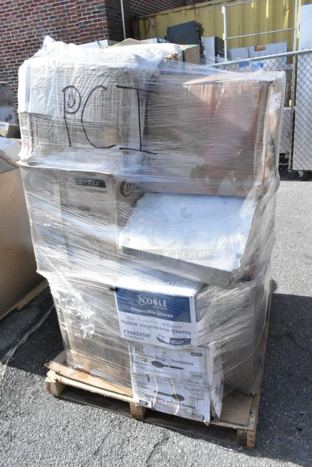 28 BRAND NEW SCRATCH AND DENT! Items Including 395OP10PF EcoChoice No PFAS Added 10" x 7 1/2" Natural Bagasse Blend Oval Plate - 500/Case, 394EN304XL Noble Products Nitrile White 3 Mil Thick All Purpose Powder-Free Textured Gloves - Extra Large - 1000/Case, 5013858HVY Lavex Hercules 55 Gallon 2 Mil 38" x 58" Low Density Heavy-Duty Black Can Liner / Trash Bag - 50/Case, 760IC04W Choice 4 oz. White Paper Frozen Yogurt / Food Cup - 1000/Case, 500CC16HD 16 oz. Plastic Cold Cup - Designed for Use Without Lids - 1000/Case, 394325M Noble NexGen Powder-Free Disposable Blue Hybrid 3 Mil Thick Gloves - Medium - 1000/Case, 130BKSPOONH. 28 Times Your Bid! - Image 2 of 14