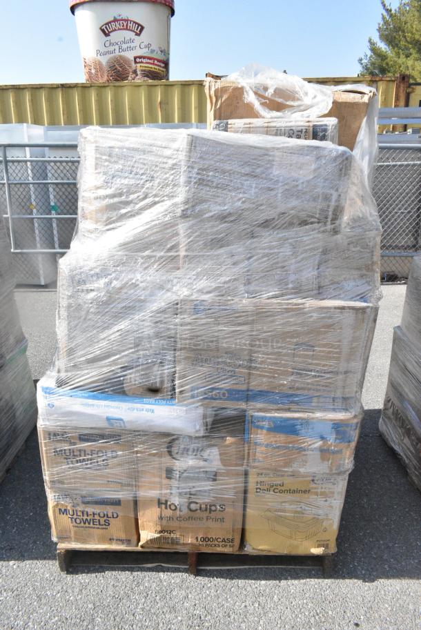 26 BRAND NEW SCRATCH AND DENT! Items Including 795KFTL32SPE Choice 16-32 oz. Rectangular Polypropylene Take-Out Lid - 300/Case, 79516ESWHPRT Emperor's Select 16 oz. Asian Paper Take-Out Container with Wire Handle - 500/Case, 5001TPJ Lavex 1-Ply 1400' Universal Jumbo Toilet Paper Roll with 9" Diameter - 12/Case, 127CH24F Choice 24 oz. Clear RPET Tall Hinged Deli Container - 200/Case, 50012C Choice 12 oz. Coffee Print Poly Paper Hot Cup - 1000/Case, 500MFTN Lavex Natural Brown Kraft M-Fold (Multifold) Towel - 4000/Case. 26 Times Your Bid! - Image 2 of 11