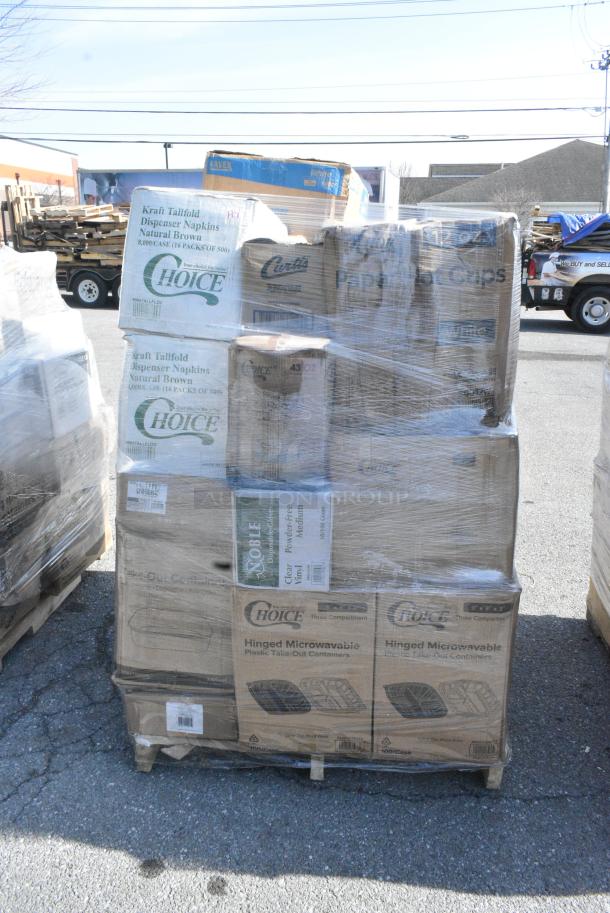25 BRAND NEW SCRATCH AND DENT! Items Including 966TALLFLDN Choice Kraft Natural Tall-Fold 6" x 13" Dispenser Napkin - 8000/Case, 394365M Noble Products Powder-Free Disposable Clear Vinyl Gloves for Foodservice - Medium - 1000/Case, WI1BNHT5312 Choice 5" x 12 1/2" 1 Bottle Customizable Paper Wine Bag with Handle - 250/Case, 500TO993C3 Choice 9" x 9" x 3" Microwaveable 3-Compartment Black / Clear Plastic Hinged Container - 100/Case, 50012W Choice 12 oz. White Poly Paper Hot Cup - 1000/Case. 25 Times Your Bid! - Image 4 of 14