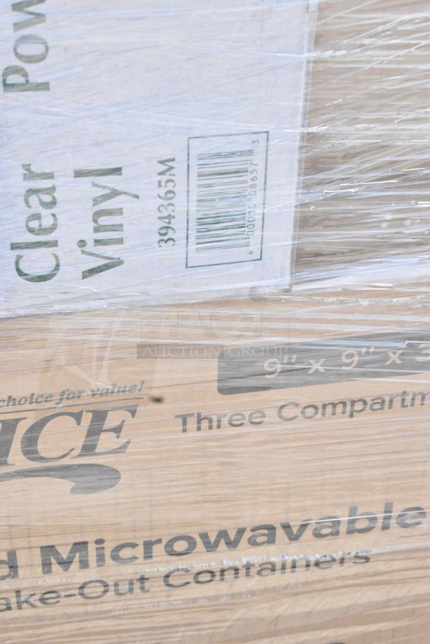 25 BRAND NEW SCRATCH AND DENT! Items Including 966TALLFLDN Choice Kraft Natural Tall-Fold 6" x 13" Dispenser Napkin - 8000/Case, 394365M Noble Products Powder-Free Disposable Clear Vinyl Gloves for Foodservice - Medium - 1000/Case, WI1BNHT5312 Choice 5" x 12 1/2" 1 Bottle Customizable Paper Wine Bag with Handle - 250/Case, 500TO993C3 Choice 9" x 9" x 3" Microwaveable 3-Compartment Black / Clear Plastic Hinged Container - 100/Case, 50012W Choice 12 oz. White Poly Paper Hot Cup - 1000/Case. 25 Times Your Bid! - Image 7 of 14