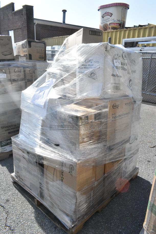 28 BRAND NEW SCRATCH AND DENT! Items Including 130BKFKSNH Choice Black Heavy Weight Wrapped Polystyrene Plastic Cutlery Pack with Napkin - 500/Case, 966TALLFLDB Choice White Tall-Fold 6" x 13" Dispenser Napkin - 8000/Case, 245WEDGEPZZA BOX PIZZA WEDGE 8" 400 CHOICE, 795KFT44RNPE Choice Round Kraft Take Out Container. 28 Times Your Bid! - Image 1 of 16