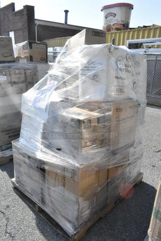 28 BRAND NEW SCRATCH AND DENT! Items Including 130BKFKSNH Choice Black Heavy Weight Wrapped Polystyrene Plastic Cutlery Pack with Napkin - 500/Case, 966TALLFLDB Choice White Tall-Fold 6" x 13" Dispenser Napkin - 8000/Case, 245WEDGEPZZA BOX PIZZA WEDGE 8" 400 CHOICE, 795KFT44RNPE Choice Round Kraft Take Out Container. 28 Times Your Bid!