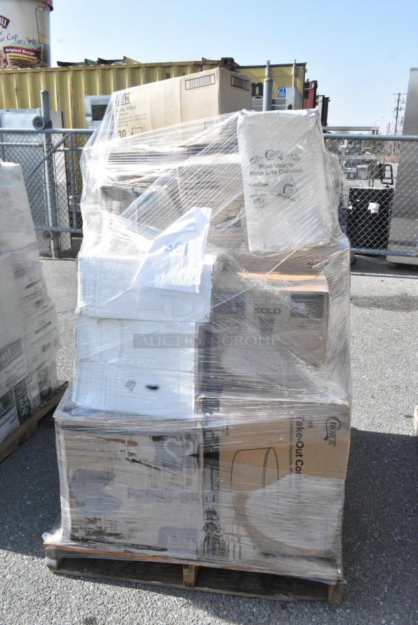 28 BRAND NEW SCRATCH AND DENT! Items Including 130BKFKSNH Choice Black Heavy Weight Wrapped Polystyrene Plastic Cutlery Pack with Napkin - 500/Case, 966TALLFLDB Choice White Tall-Fold 6" x 13" Dispenser Napkin - 8000/Case, 245WEDGEPZZA BOX PIZZA WEDGE 8" 400 CHOICE, 795KFT44RNPE Choice Round Kraft Take Out Container. 28 Times Your Bid! - Image 2 of 16