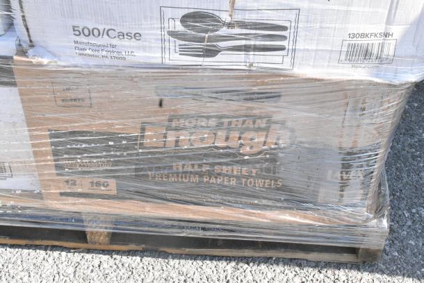 28 BRAND NEW SCRATCH AND DENT! Items Including 130BKFKSNH Choice Black Heavy Weight Wrapped Polystyrene Plastic Cutlery Pack with Napkin - 500/Case, 966TALLFLDB Choice White Tall-Fold 6" x 13" Dispenser Napkin - 8000/Case, 245WEDGEPZZA BOX PIZZA WEDGE 8" 400 CHOICE, 795KFT44RNPE Choice Round Kraft Take Out Container. 28 Times Your Bid! - Image 8 of 16