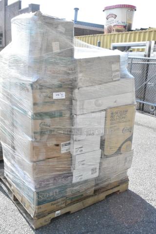 28 BRAND NEW SCRATCH AND DENT! Items Including 129MCR32W Choice 32 oz. White 7 1/4" Round Microwavable Heavy Weight Container with Lid - 150/Case, Solo 626NSL Prima PET Plastic Cold Cup Strawless Lid - 1000/Case, 500CC16 Choice Clear PET Customizable Plastic Cold Cup - 16 oz. - 1000/Case, 502386016CL Lavex 55-60 Gallon 16 Micron 38" x 60" High Density Janitorial Can Liner / Trash Bag - 200/Case, 395TO991 EcoChoice 9" x 9" x 3" Compostable No PFAS Added Bamboo / Bagasse 1 Compartment Take-Out Box - 200/Case, 795PLAKFT4 EcoChoice Kraft PLA Lined Compostable #4 Take-Out Container 7 3/4" x 5 1/2" x 3 1/2" - 160/Case, 500CC12 Choice Clear PET Customizable Plastic Cold Cup - 12 oz. - 1000/Case, 394EN502M. 28 Times Your Bid!