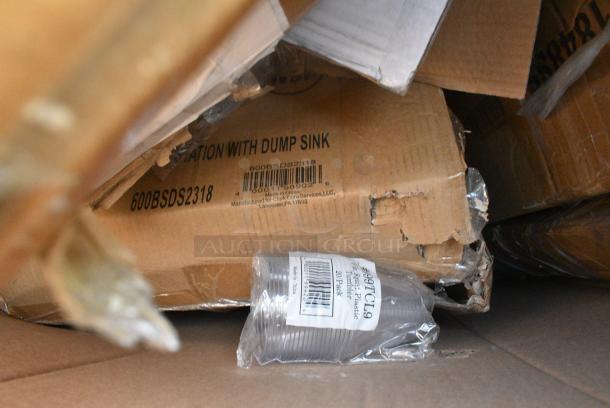 30 BRAND NEW SCRATCH AND DENT! Items Including 130BKFKSNH Choice Black Heavy Weight Wrapped Polystyrene Plastic Cutlery Pack with Napkin - 500/Case, 500CC20 Choice Clear PET Customizable Plastic Cold Cup - 20 oz. - 600/Case, 129MCR32B Choice 32 oz. Black Round Microwavable Heavy Weight Container with Lid 7 1/4" - 150/Case, 600FT1848SS Regency 18" x 48" 14-Gauge Stainless Steel Floor Trough with Grate, 460EG1848 Regency 18" x 48" NSF Green Epoxy Wire Shelf, 600BSDS2318 Regency 18" x 23" Stainless Steel Blender Station with Dump Sink. 30 Times Your Bid! - Image 15 of 15