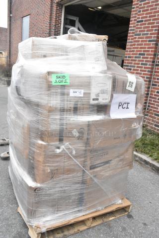 34 BRAND NEW SCRATCH AND DENT! Items Including 394405M Noble Products Powder-Free Disposable Blue Vinyl Gloves for Foodservice - Medium - 1000/Case, 182RRF14 Choice 10" x 14" Plastic Food Bag On A Roll - 1000/Case, 130BKFKSH Choice Black Heavy Weight Wrapped Polystyrene Plastic Cutlery Pack - 500/Case, 128HD12COMBO Choice Heavy Duty 12 oz. Microwavable Translucent Plastic Deli Container and Lid Combo Pack - 240/Case, 347RPBD10BNG Visions 10" Bone / Ivory Plastic Plate with Gold Bands - 120/Case. 34 Times Your Bid!