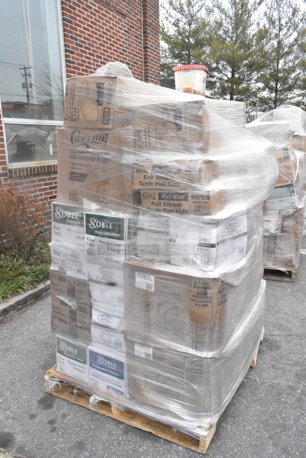 34 BRAND NEW SCRATCH AND DENT! Items Including 394405M Noble Products Powder-Free Disposable Blue Vinyl Gloves for Foodservice - Medium - 1000/Case, 182RRF14 Choice 10" x 14" Plastic Food Bag On A Roll - 1000/Case, 130BKFKSH Choice Black Heavy Weight Wrapped Polystyrene Plastic Cutlery Pack - 500/Case, 128HD12COMBO Choice Heavy Duty 12 oz. Microwavable Translucent Plastic Deli Container and Lid Combo Pack - 240/Case, 347RPBD10BNG Visions 10" Bone / Ivory Plastic Plate with Gold Bands - 120/Case. 34 Times Your Bid! - Image 3 of 17