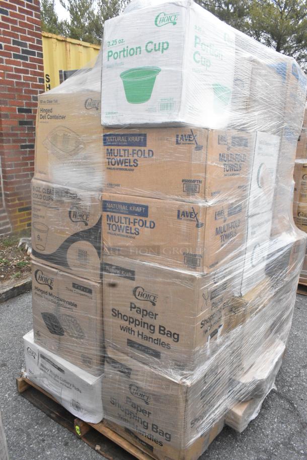 30 BRAND NEW SCRATCH AND DENT! Items Including 2 500MFTN Lavex Natural Brown Kraft M-Fold (Multifold) Towel - 4000/Case, 127CH32F Choice 32 oz. Clear RPET Tall Hinged Deli Container with Domed Lid - 200/Case, 500CC9 CUP 9oz PET SQUAT 1M FITS 500LFLAT, 500LDOME, 500TO883C3 Choice 8" x 8" x 3" Microwaveable 3-Compartment Black / Clear Plastic Hinged Container - 100/Case, 130CLFKSNH Choice Clear Heavy Weight Wrapped Polystyrene Plastic Cutlery Pack with Napkin - 500/Case, 500COLLAR EcoChoice Kraft Coffee Cup Sleeve / Jacket / Clutch - 10-24 oz. - 1200/Case, 760SOUP8WPA Choice 8 oz. White Double Poly-Coated Paper Food Cup with Vented Paper Lid - 250/Case. 30 Times Your Bid! - Image 3 of 18