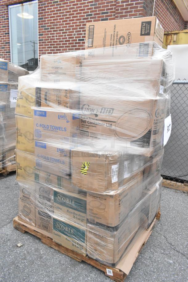38 BRAND NEW SCRATCH AND DENT! Items Including CTR8BD Dart SafeSeal 8 oz. Plastic Tamper-Resistant, Tamper-Evident Bowl with Dome Lid - 240/Case, 122MCS38B Choice 38 oz. Black Rectangular Microwavable Heavy Weight Container with Lid 8 3/4" x 6 1/4" x 2" - 150/Case, 395RP09 EcoChoice No PFAS Added Bamboo / Bagasse Blend 9" Plate - 500/Case, 394385XL Noble Products White Powder-Free Disposable Latex Gloves for Foodservice - Extra Large - 1000/Case, 500CC9 Choice 9 oz. Clear PET Customizable Plastic Squat Cold Cup - 1000/Case, 612OB4LB Choice 4 lb. Oblong Foil Take-Out Container - 250/Case, 128HDLDBULK Choice 4 lb. Oblong Foil Take-Out Container - 250/Case, 2 8oz Deli Containers, 4 186CVBZ610 VacPak-It 6" x 10" Chamber Vacuum Packaging Bags with Zipper 3 Mil - 1000/Case, 128HDLDBULK Choice Heavy Duty Microwavable Translucent Plastic Deli Container Lid - 480/Case, 2 500CFT Lavex White C-Fold Standard Weight Towel - 2400/Case, 43302CUPC Choice 2-Compartment Clear OPS Plastic Jumbo Cupcake / Muffin Container - 250/Case. 38 Times Your Bid! - Image 2 of 20