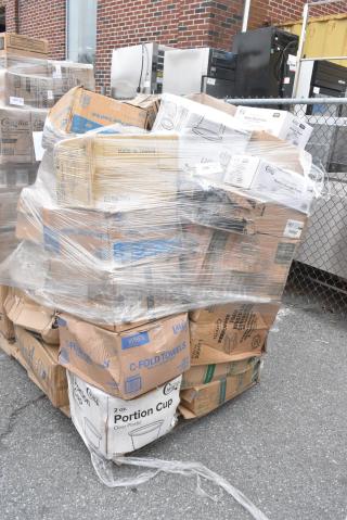 40 BRAND NEW SCRATCH AND DENT! Items Including 347RPBD9WHSV Visions 9" White Plastic Plate with Silver Bands - 120/Case, 130WFORK Choice Individually Wrapped Medium Weight White Polypropylene Plastic Fork - 1000/Case, 760WY9LT Lavex 9 oz. Translucent, Individually Wrapped Cups - 1000/Case, 186CVB68 VacPak-It 186CVB68 6" x 8" Chamber Vacuum Packaging Pouches / Bags 3 Mil - 1000/Case, 5001RT350N Lavex Natural Kraft Hardwound Paper Towel, 350 Feet / Roll - 12/Case, 395RP09 EcoChoice No PFAS Added Bamboo / Bagasse Blend 9" Plate - 500/Case, 105RR17016 PointPlus 3" x 90' Carbonless 2-Ply Cash Register POS Paper Roll - 50/Case, Dart 205HT1 White Foam Take Out Container with Perforated Hinged Lid 9" x 6" x 3" - 200/Case, 500CFT Lavex White C-Fold Standard Weight Towel - 2400/Case. 40 Times Your Bid!