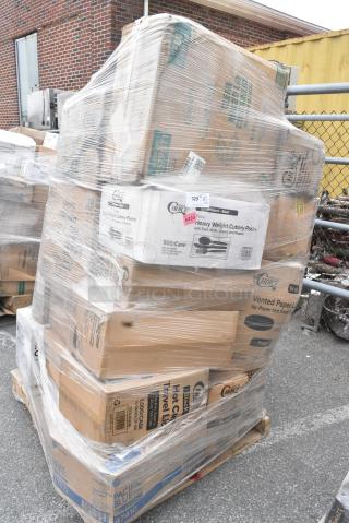 26 BRAND NEW SCRATCH AND DENT! Items Including 129MCS28B Choice 28 oz. Black Rectangular Microwavable Heavy Weight Container with Lid 8 3/4" x 6 1/4" x 1 3/4" - 150/Case, 394365M Noble Products Powder-Free Disposable Clear Vinyl Gloves for Foodservice - Medium - 1000/Case, 760SOUP64BBL Choice 64 oz. Black Paper Soup / Hot Food Cup Vented Lid - 150/Case, 130BKFKSNH Choice Black Heavy Weight Wrapped Polystyrene Plastic Cutlery Pack with Napkin - 500/Case, 500L1020B Choice Black Hot Paper Cup Travel Lid for 10-24 oz. Standard Cups and 8 oz. Squat Cups - 1000/Case, Dart 205HT1 White Foam Take Out Container with Perforated Hinged Lid 9" x 6" x 3" - 200/Case, 500CC9 Choice 9 oz. Platic Cold Cup. 26 Times Your Bid!