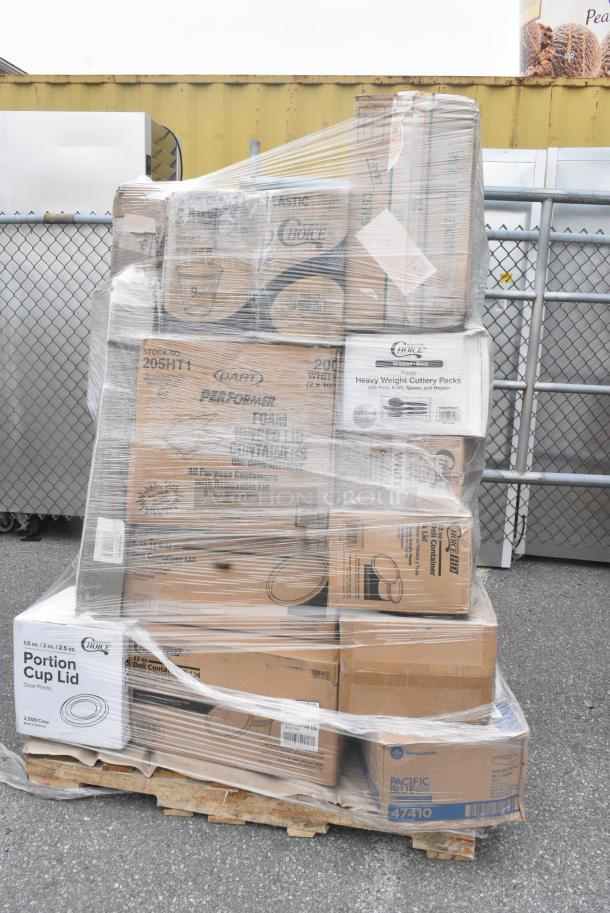 26 BRAND NEW SCRATCH AND DENT! Items Including 129MCS28B Choice 28 oz. Black Rectangular Microwavable Heavy Weight Container with Lid 8 3/4" x 6 1/4" x 1 3/4" - 150/Case, 394365M Noble Products Powder-Free Disposable Clear Vinyl Gloves for Foodservice - Medium - 1000/Case, 760SOUP64BBL Choice 64 oz. Black Paper Soup / Hot Food Cup Vented Lid - 150/Case, 130BKFKSNH Choice Black Heavy Weight Wrapped Polystyrene Plastic Cutlery Pack with Napkin - 500/Case, 500L1020B Choice Black Hot Paper Cup Travel Lid for 10-24 oz. Standard Cups and 8 oz. Squat Cups - 1000/Case, Dart 205HT1 White Foam Take Out Container with Perforated Hinged Lid 9" x 6" x 3" - 200/Case, 500CC9 Choice 9 oz. Platic Cold Cup. 26 Times Your Bid! - Image 2 of 13