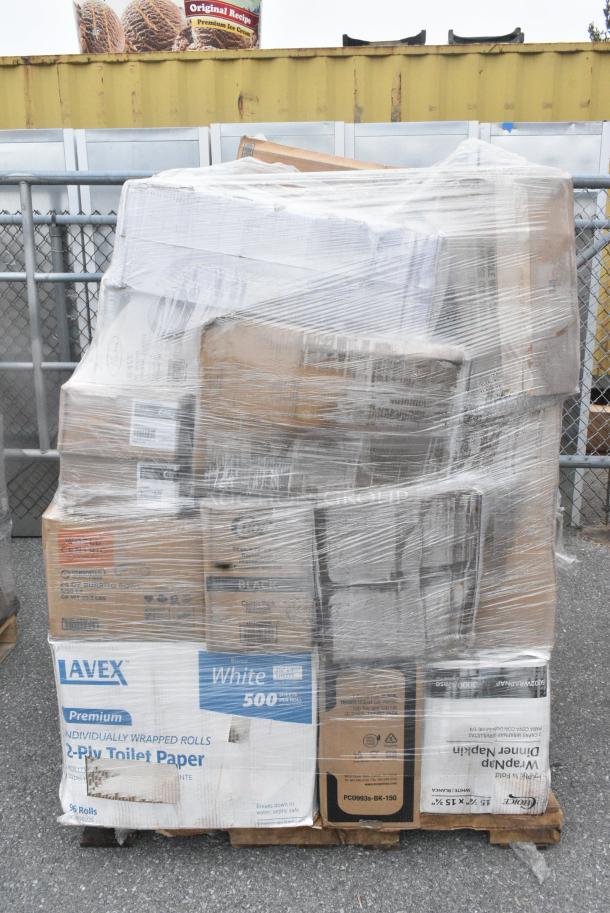 25 BRAND NEW SCRATCH AND DENT! Items Including 129MCS38B Choice 38 oz. Black Rectangular Microwavable Heavy Weight Container with Lid 8 3/4" x 6 1/4" x 2" - 150/Case, 129MCR16B Choice 16 oz. Black 6 1/4" Round Microwavable Heavy Weight Container with Lid - 150/Case, 500TO963 Choice 9" x 6" x 3" Microwaveable 1-Compartment Black / Clear Plastic Hinged Container - 100/Case, 5002WRAPNAP, Choice WrapNap White 1/4 Fold 2-Ply Dinner Napkin 16" x 16" - 3000/Case, 128HD16COMBO Choice Heavy Duty 16 oz. Microwavable Translucent Plastic Deli Container and Lid Combo Pack - 240/Case, 347RP9WHSS WAVE 9" ROUND PLASTIC PLATES 180/CASE. 25 Times Your Bid! - Image 2 of 15