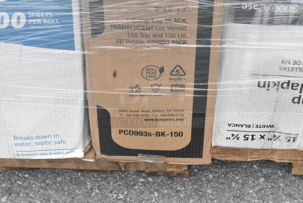 25 BRAND NEW SCRATCH AND DENT! Items Including 129MCS38B Choice 38 oz. Black Rectangular Microwavable Heavy Weight Container with Lid 8 3/4" x 6 1/4" x 2" - 150/Case, 129MCR16B Choice 16 oz. Black 6 1/4" Round Microwavable Heavy Weight Container with Lid - 150/Case, 500TO963 Choice 9" x 6" x 3" Microwaveable 1-Compartment Black / Clear Plastic Hinged Container - 100/Case, 5002WRAPNAP, Choice WrapNap White 1/4 Fold 2-Ply Dinner Napkin 16" x 16" - 3000/Case, 128HD16COMBO Choice Heavy Duty 16 oz. Microwavable Translucent Plastic Deli Container and Lid Combo Pack - 240/Case, 347RP9WHSS WAVE 9" ROUND PLASTIC PLATES 180/CASE. 25 Times Your Bid! - Image 14 of 15