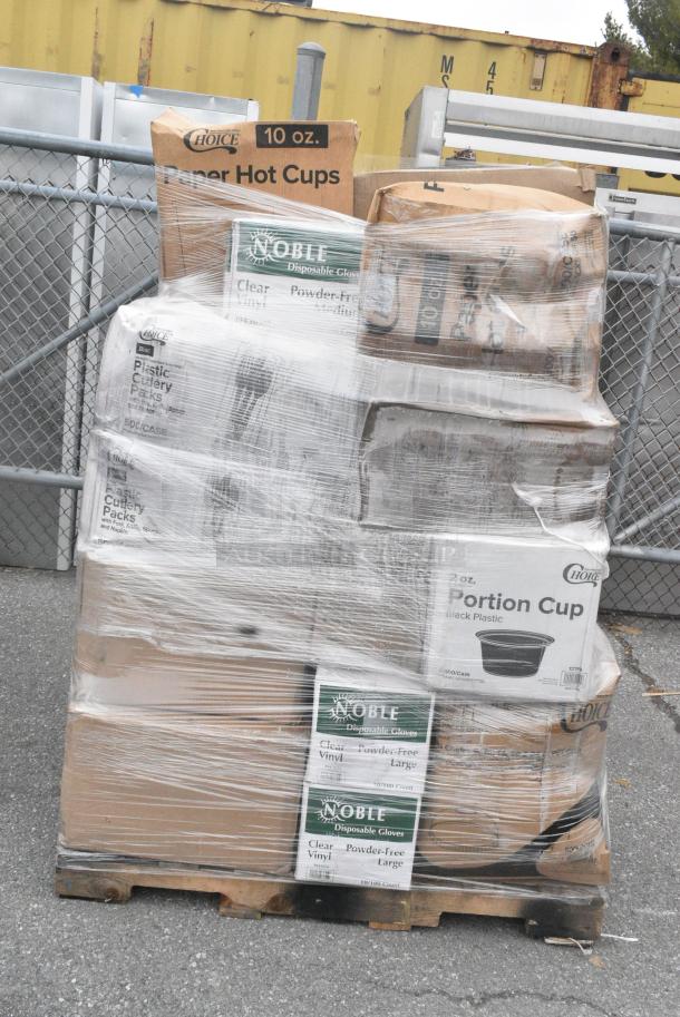 27 BRAND NEW SCRATCH AND DENT! Items Including 50010W Choice 10 oz. White Poly Paper Hot Cup - 1000/Case, 500TW35 Choice 3.5 oz. Translucent Thin Wall Plastic Cold Cup - 2500/Case, 795PTOKFT8 T-OUT 6X5X3 PAPER KFT 300 #8 CHOICE, 500TW12 Choice 12 oz. Translucent Thin Wall Plastic Cold Cup - 1000/Case, 395RP10PF EcoChoice No PFAS Added 10" Natural Bagasse Blend Plate - 500/Case, 127SB24COMBO CHOICE 24 OZ. CLEAR PLASTIC SALAD BOWL WITH LID - 150/CASE, 500LDOME Choice 9 oz., 12 oz., 16 oz., 20 oz., 24 oz. Clear PET Dome Lid with 2" Hole - 1000/Case, 130BKFKSNX500 Choice Black Extra Heavy Weight Wrapped Polystyrene Plastic Cutlery Pack with Napkin - 500/Case. 27 Times Your Bid! - Image 2 of 15