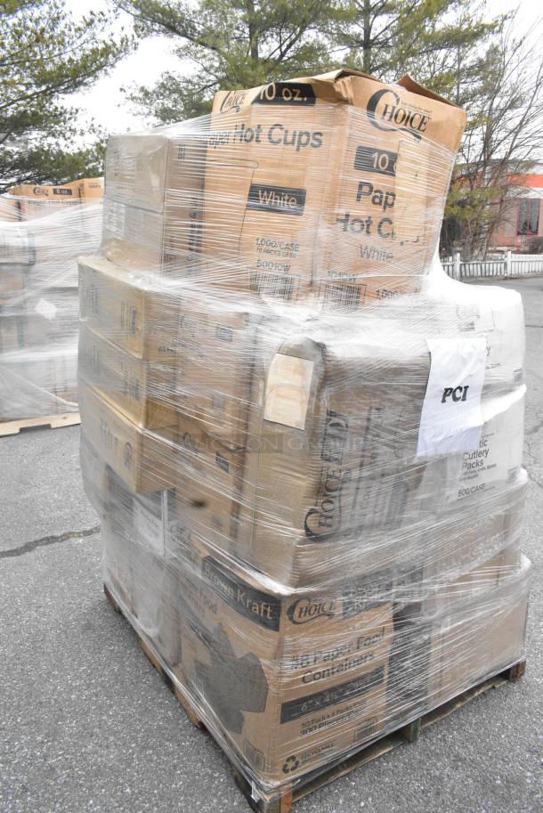 27 BRAND NEW SCRATCH AND DENT! Items Including 50010W Choice 10 oz. White Poly Paper Hot Cup - 1000/Case, 500TW35 Choice 3.5 oz. Translucent Thin Wall Plastic Cold Cup - 2500/Case, 795PTOKFT8 T-OUT 6X5X3 PAPER KFT 300 #8 CHOICE, 500TW12 Choice 12 oz. Translucent Thin Wall Plastic Cold Cup - 1000/Case, 395RP10PF EcoChoice No PFAS Added 10" Natural Bagasse Blend Plate - 500/Case, 127SB24COMBO CHOICE 24 OZ. CLEAR PLASTIC SALAD BOWL WITH LID - 150/CASE, 500LDOME Choice 9 oz., 12 oz., 16 oz., 20 oz., 24 oz. Clear PET Dome Lid with 2" Hole - 1000/Case, 130BKFKSNX500 Choice Black Extra Heavy Weight Wrapped Polystyrene Plastic Cutlery Pack with Napkin - 500/Case. 27 Times Your Bid! - Image 4 of 15