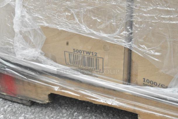 27 BRAND NEW SCRATCH AND DENT! Items Including 50010W Choice 10 oz. White Poly Paper Hot Cup - 1000/Case, 500TW35 Choice 3.5 oz. Translucent Thin Wall Plastic Cold Cup - 2500/Case, 795PTOKFT8 T-OUT 6X5X3 PAPER KFT 300 #8 CHOICE, 500TW12 Choice 12 oz. Translucent Thin Wall Plastic Cold Cup - 1000/Case, 395RP10PF EcoChoice No PFAS Added 10" Natural Bagasse Blend Plate - 500/Case, 127SB24COMBO CHOICE 24 OZ. CLEAR PLASTIC SALAD BOWL WITH LID - 150/CASE, 500LDOME Choice 9 oz., 12 oz., 16 oz., 20 oz., 24 oz. Clear PET Dome Lid with 2" Hole - 1000/Case, 130BKFKSNX500 Choice Black Extra Heavy Weight Wrapped Polystyrene Plastic Cutlery Pack with Napkin - 500/Case. 27 Times Your Bid! - Image 9 of 15