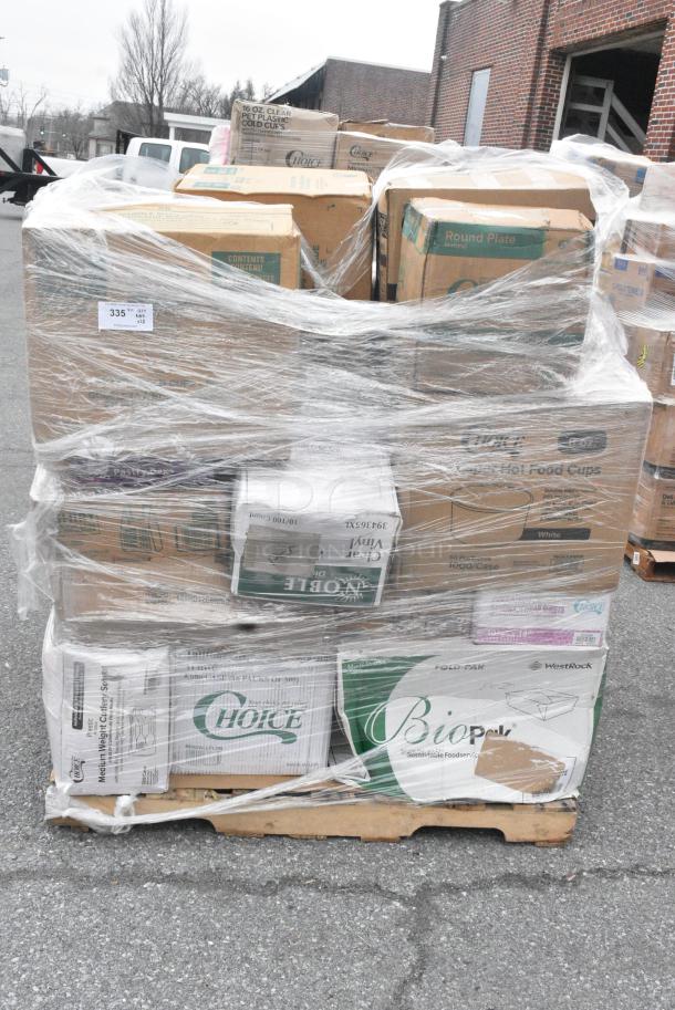 28 BRAND NEW SCRATCH AND DENT! Items Including 127CH06 Choice 6 oz. Clear RPET Hinged Deli Container - 400/Case, 128HD8BULK Choice Heavy Duty 8 oz. Microwavable Translucent Plastic Deli Container - 480/Case, 760SOUP8WB Choice 8 oz. White Double Poly-Coated Paper Food Cup - 1000/Case, Solo P16R 16 oz. Red Plastic Cup - 1000/Case, 966TALLFLDB Choice White Tall-Fold 6" x 13" Dispenser Napkin - 8000/Case, 394365XL Noble Products Powder-Free Disposable Clear Vinyl Gloves for Foodservice - Extra Large - 1000/Case. 28 Times Your Bid! - Image 1 of 14