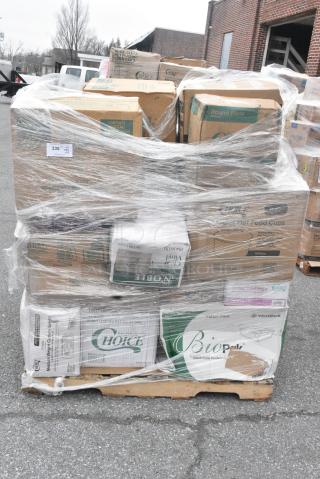 28 BRAND NEW SCRATCH AND DENT! Items Including 127CH06 Choice 6 oz. Clear RPET Hinged Deli Container - 400/Case, 128HD8BULK Choice Heavy Duty 8 oz. Microwavable Translucent Plastic Deli Container - 480/Case, 760SOUP8WB Choice 8 oz. White Double Poly-Coated Paper Food Cup - 1000/Case, Solo P16R 16 oz. Red Plastic Cup - 1000/Case, 966TALLFLDB Choice White Tall-Fold 6" x 13" Dispenser Napkin - 8000/Case, 394365XL Noble Products Powder-Free Disposable Clear Vinyl Gloves for Foodservice - Extra Large - 1000/Case. 28 Times Your Bid!
