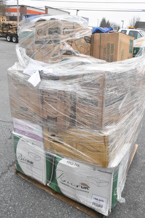28 BRAND NEW SCRATCH AND DENT! Items Including 127CH06 Choice 6 oz. Clear RPET Hinged Deli Container - 400/Case, 128HD8BULK Choice Heavy Duty 8 oz. Microwavable Translucent Plastic Deli Container - 480/Case, 760SOUP8WB Choice 8 oz. White Double Poly-Coated Paper Food Cup - 1000/Case, Solo P16R 16 oz. Red Plastic Cup - 1000/Case, 966TALLFLDB Choice White Tall-Fold 6" x 13" Dispenser Napkin - 8000/Case, 394365XL Noble Products Powder-Free Disposable Clear Vinyl Gloves for Foodservice - Extra Large - 1000/Case. 28 Times Your Bid! - Image 4 of 14