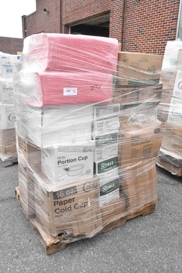 40 BRAND NEW SCRATCH AND DENT! Items Including 394365XL Noble Products Powder-Free Disposable Clear Vinyl Gloves for Foodservice - Extra Large - 1000/Case, 500TW7 Choice 7 oz. Translucent Thin Wall Plastic Cold Cup - 2500/Case, 612527HD Choice 7" Round Heavy Weight Foil Take-Out Pan - 500/Case, 127P150C SOUFFLE 1.5oz PLAS CL2.5M PP FIT 127PL2/301PL200N, 760PCC16W Choice 16 oz. White Poly Paper Cold Cup - 1000/Case. 40 Times Your Bid! - Image 1 of 13