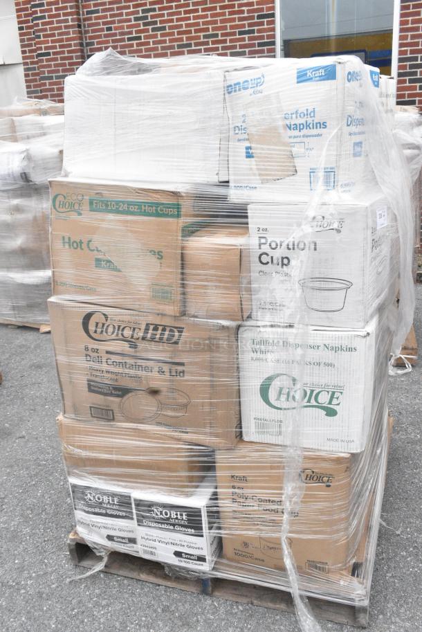 27 BRAND NEW SCRATCH AND DENT! Items Including 5002DNAPNV Choice 15" x 17" Navy Blue 2-Ply Customizable Paper Dinner Napkin - 1000/Case, 347BP10WH Choice 10 1/4" White Plastic Plate - 500/Case, 50012DWALLC Coffee Break Print Smooth Double Wall Paper Hot Cup, VacPak-It 186CVB4812 8" x 12" Chamber Vacuum Packaging Pouches / Bags 4 Mil - 1000/Case, 128HD16COMBO Choice Heavy Duty 16 oz. Microwavable Translucent Plastic Deli Container and Lid Combo Pack - 240/Case, 966TALLFLDB Choice White Tall-Fold 6" x 13" Dispenser Napkin - 8000/Case, 127P2C Choice Clear Plastic Souffle Cup / Portion Cup - 2 oz. - 2500/Case, 500COLLARBR EcoChoice Kraft Coffee Cup Sleeve / Jacket / Clutch - 10-24 oz. - 1200/Case. 27 Times Your Bid! - Image 2 of 19
