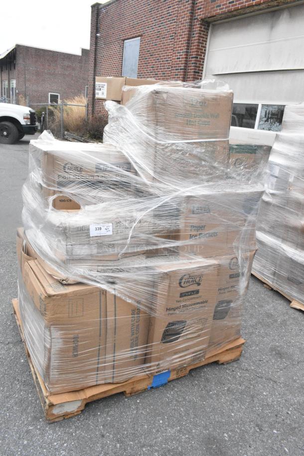 20 BRAND NEW SCRATCH AND DENT! Items Including 5002WRAPNAP Choice WrapNap White 1/4 Fold 2-Ply Dinner Napkin 16" x 16" - 3000/Case, 500TO1183C2 Choice 11" x 8 1/2" x 3" Microwaveable 2-Compartment Black / Clear Plastic Hinged Container - 100/Case, 612FS1212 Choice Half Size Foil Steam Table Pan Shallow 1 1/2" Depth - 100/Case, Hot Dog Bags, Dart 10CPWCR Concorde 10 1/4" 3 Compartment White Non-Laminated Round Foam Plate - 500/Case. 20 Times Your Bid! - Image 1 of 11