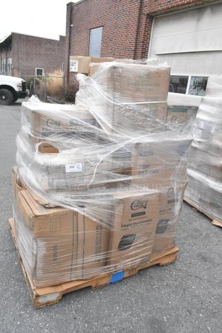 20 BRAND NEW SCRATCH AND DENT! Items Including 5002WRAPNAP Choice WrapNap White 1/4 Fold 2-Ply Dinner Napkin 16" x 16" - 3000/Case, 500TO1183C2 Choice 11" x 8 1/2" x 3" Microwaveable 2-Compartment Black / Clear Plastic Hinged Container - 100/Case, 612FS1212 Choice Half Size Foil Steam Table Pan Shallow 1 1/2" Depth - 100/Case, Hot Dog Bags, Dart 10CPWCR Concorde 10 1/4" 3 Compartment White Non-Laminated Round Foam Plate - 500/Case. 20 Times Your Bid!