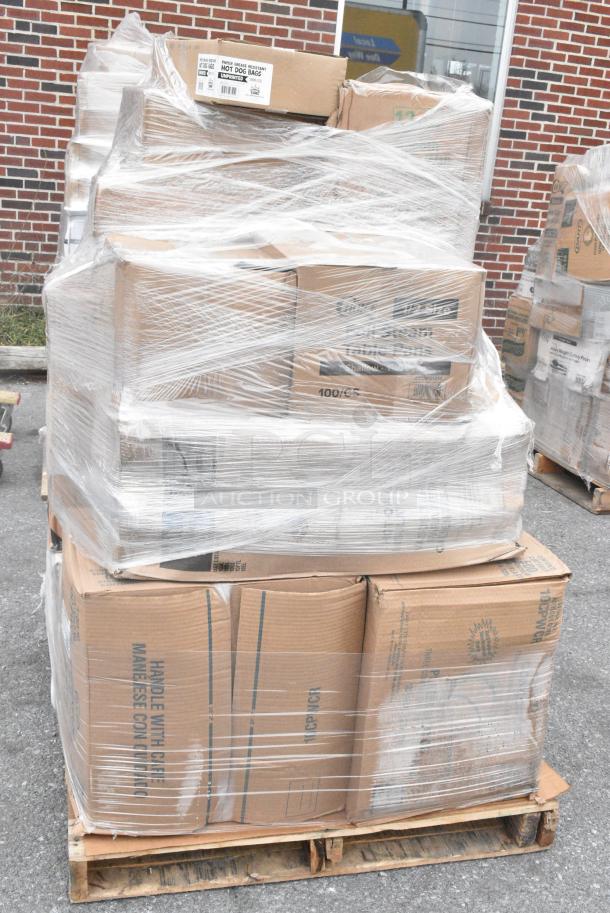 20 BRAND NEW SCRATCH AND DENT! Items Including 5002WRAPNAP Choice WrapNap White 1/4 Fold 2-Ply Dinner Napkin 16" x 16" - 3000/Case, 500TO1183C2 Choice 11" x 8 1/2" x 3" Microwaveable 2-Compartment Black / Clear Plastic Hinged Container - 100/Case, 612FS1212 Choice Half Size Foil Steam Table Pan Shallow 1 1/2" Depth - 100/Case, Hot Dog Bags, Dart 10CPWCR Concorde 10 1/4" 3 Compartment White Non-Laminated Round Foam Plate - 500/Case. 20 Times Your Bid! - Image 2 of 11