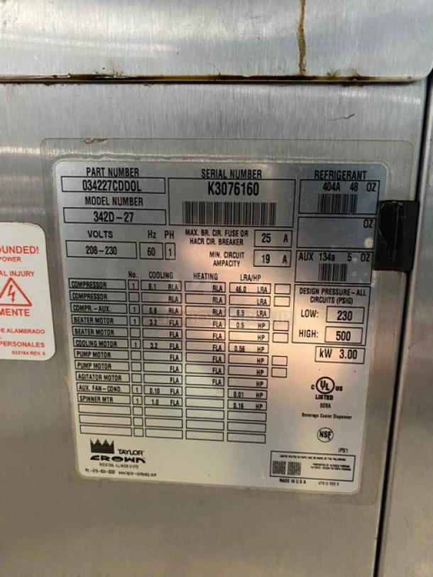 Taylor Dunkin Donuts Style Commercial Stainless Steel Electric Powered 2-Flavor Uncarbonated Frozen Beverage/Coolatta Machine! With Blender/Mixing Attachment! With Drip Tray! Model: 342D-27 SN: K3076160! 208-230V 1 Phase! On Casters! - Image 8 of 11