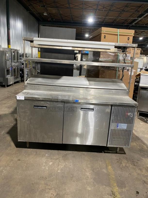 Randell Commercial Stainless Steel Self-Contained 2 Door Refrigerated Bain Marie Style Mega Top Pizza Prep Table! With Double Overhead Shelves & Tag/Order Holder! With APW Wyott Model: FDL-60 SN: 0601D10479 Electric Powered Overhead Heat Lamp/Food Warmer! With Poly Coated Wire Rack! Model: 8268N SN: W567080-1! 115V 1 Phase! On Legs! - Image 1 of 14