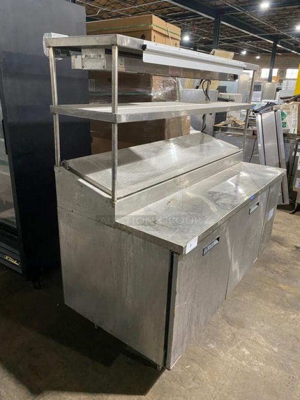 Randell Commercial Stainless Steel Self-Contained 2 Door Refrigerated Bain Marie Style Mega Top Pizza Prep Table! With Double Overhead Shelves & Tag/Order Holder! With APW Wyott Model: FDL-60 SN: 0601D10479 Electric Powered Overhead Heat Lamp/Food Warmer! With Poly Coated Wire Rack! Model: 8268N SN: W567080-1! 115V 1 Phase! On Legs! - Image 2 of 14