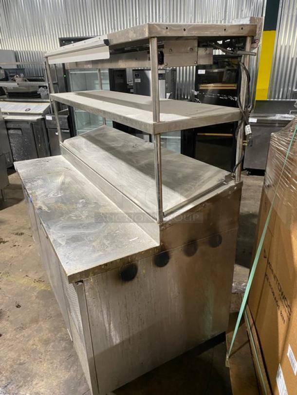 Randell Commercial Stainless Steel Self-Contained 2 Door Refrigerated Bain Marie Style Mega Top Pizza Prep Table! With Double Overhead Shelves & Tag/Order Holder! With APW Wyott Model: FDL-60 SN: 0601D10479 Electric Powered Overhead Heat Lamp/Food Warmer! With Poly Coated Wire Rack! Model: 8268N SN: W567080-1! 115V 1 Phase! On Legs! - Image 4 of 14