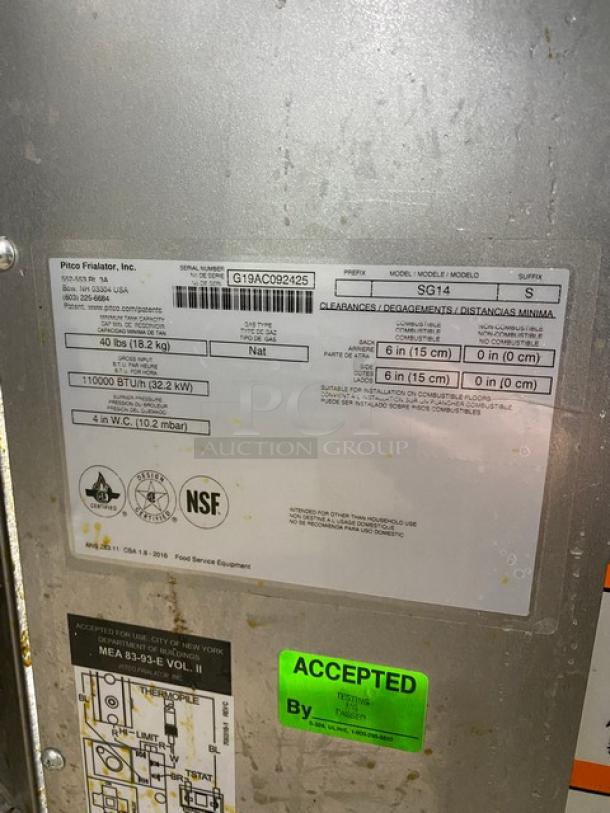 Pitco Commercial Stainless Steel Natural Gas Powered 40 Lb. Deep Fat Fryer! With Back & Right Side Splash! With Basket Hanger! Model: SG14 SN: G19AC092425! On Legs! - Image 8 of 10