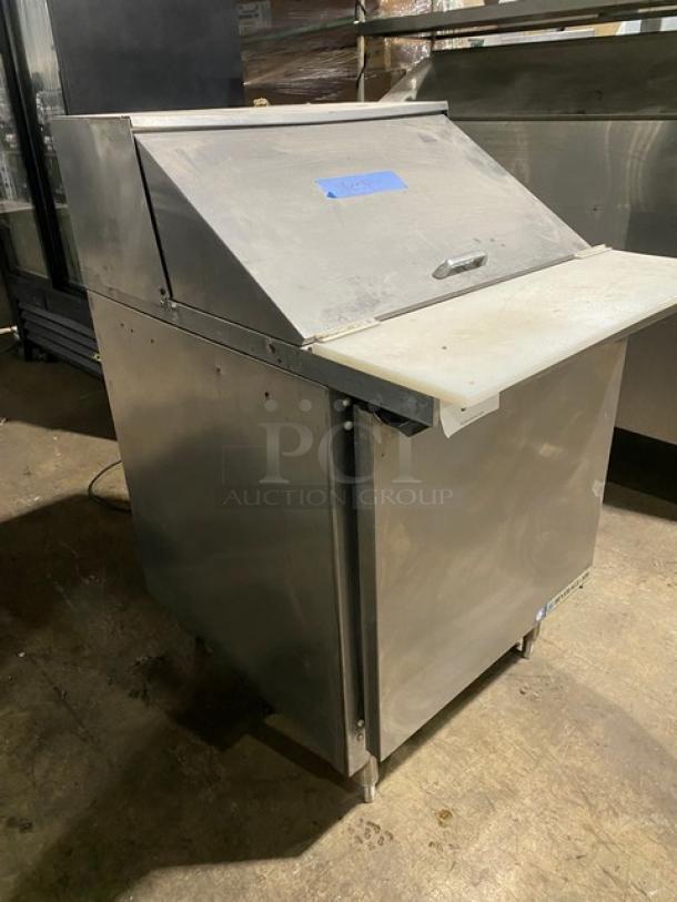 Beverage-Air Commercial Stainless Steel Single Door Refrigerated Bain Marie Style Mega Top Salad/Sandwich Prep Table! With Removable Cutting Board! With Poly Coated Wire Rack! Model: SPE27-12M-B SN: 12104211! 115V 1 Phase! On Legs! - Image 2 of 10