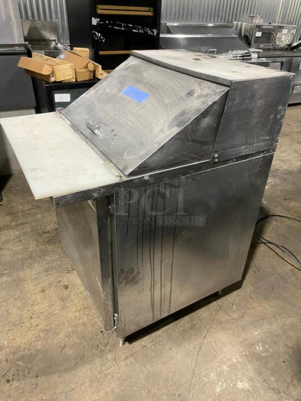 Beverage-Air Commercial Stainless Steel Single Door Refrigerated Bain Marie Style Mega Top Salad/Sandwich Prep Table! With Removable Cutting Board! With Poly Coated Wire Rack! Model: SPE27-12M-B SN: 12104211! 115V 1 Phase! On Legs! - Image 4 of 10