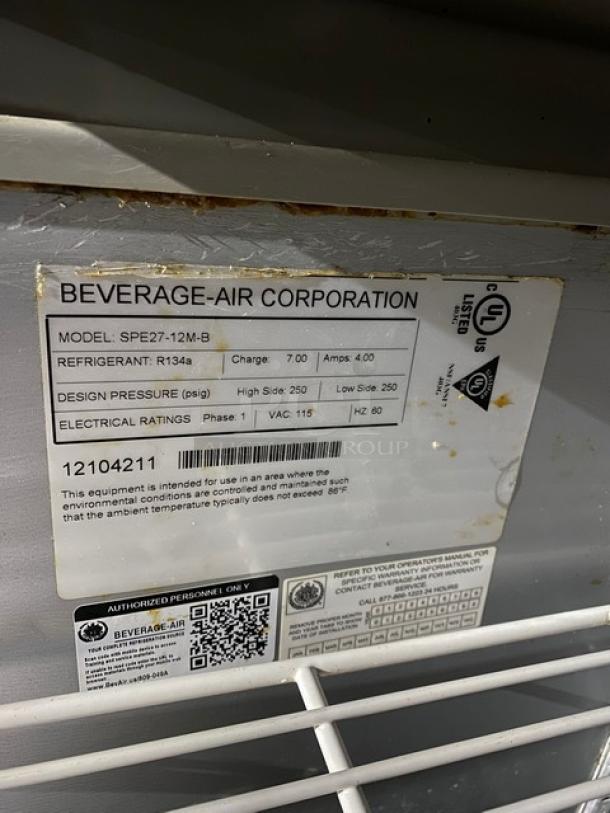 Beverage-Air Commercial Stainless Steel Single Door Refrigerated Bain Marie Style Mega Top Salad/Sandwich Prep Table! With Removable Cutting Board! With Poly Coated Wire Rack! Model: SPE27-12M-B SN: 12104211! 115V 1 Phase! On Legs! - Image 7 of 10