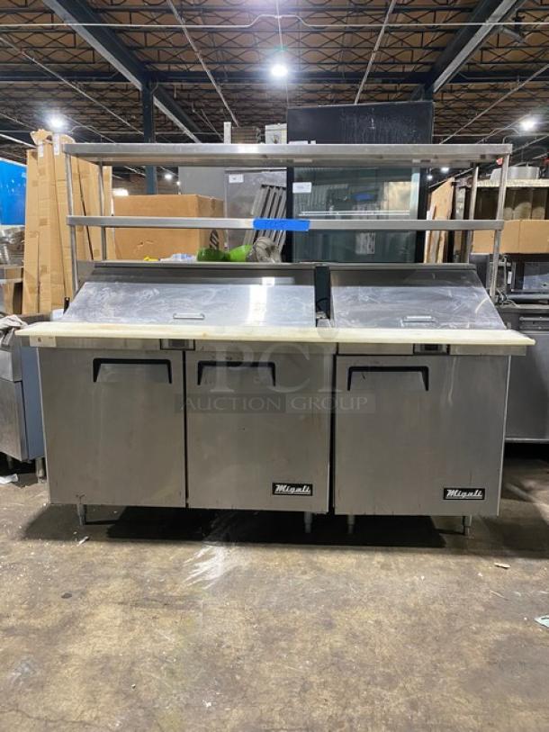 Migali Commercial Stainless Steel Custom 3 Door Refrigerated Bain Marie Style Mega Top Salad/Sandwich Prep Table! With Double Overhead Shelves! With Removable Cutting Board & Poly Coated Wire Racks! Model: C-SP48-18BT-HC SN: C-SP48-18BT-HC00318102900920023 / Model: C-SP27-12BT-HC SN: C-SP27-12BT-HC00318110500920017! 115V 1 Phase! On Legs! ALL ONE MONEY! - Image 1 of 12