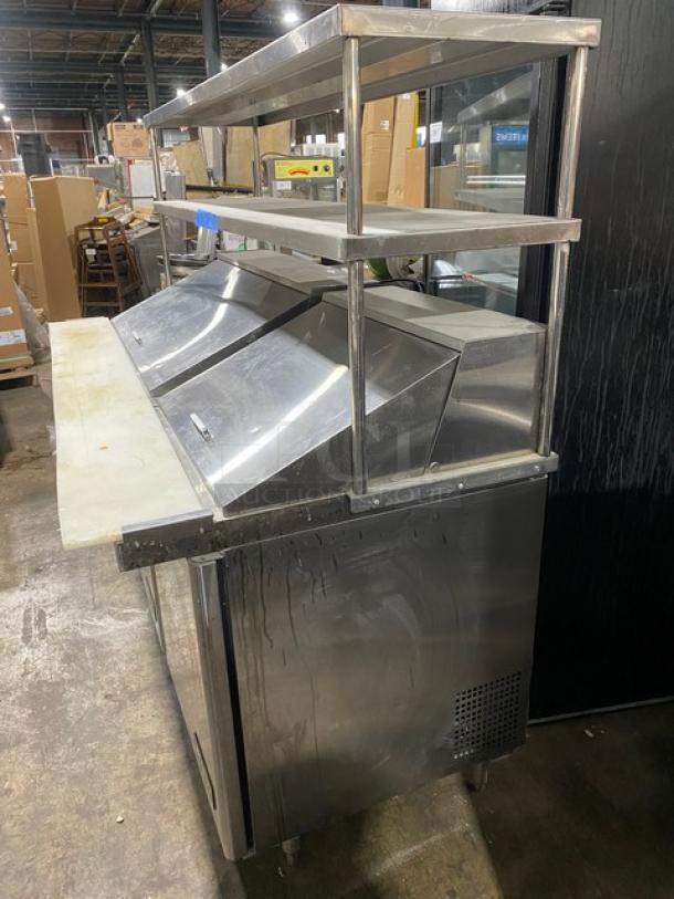 Migali Commercial Stainless Steel Custom 3 Door Refrigerated Bain Marie Style Mega Top Salad/Sandwich Prep Table! With Double Overhead Shelves! With Removable Cutting Board & Poly Coated Wire Racks! Model: C-SP48-18BT-HC SN: C-SP48-18BT-HC00318102900920023 / Model: C-SP27-12BT-HC SN: C-SP27-12BT-HC00318110500920017! 115V 1 Phase! On Legs! ALL ONE MONEY! - Image 2 of 12