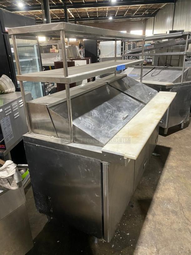 Migali Commercial Stainless Steel Custom 3 Door Refrigerated Bain Marie Style Mega Top Salad/Sandwich Prep Table! With Double Overhead Shelves! With Removable Cutting Board & Poly Coated Wire Racks! Model: C-SP48-18BT-HC SN: C-SP48-18BT-HC00318102900920023 / Model: C-SP27-12BT-HC SN: C-SP27-12BT-HC00318110500920017! 115V 1 Phase! On Legs! ALL ONE MONEY! - Image 4 of 12